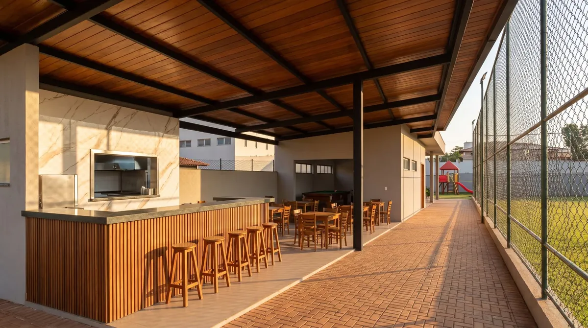 Área gourmet de condomínio com churrasqueira e estrutura de madeira na luz da tarde, imagem gerada a partir de render 3D