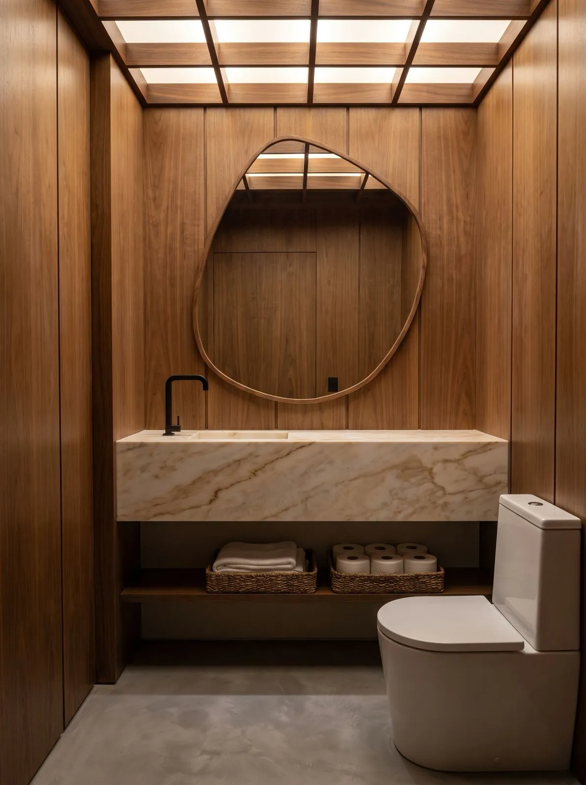 Banheiro com marcenaria ripada, espelho orgânico e bancada em mármore, imagem gerada a partir de render 3D