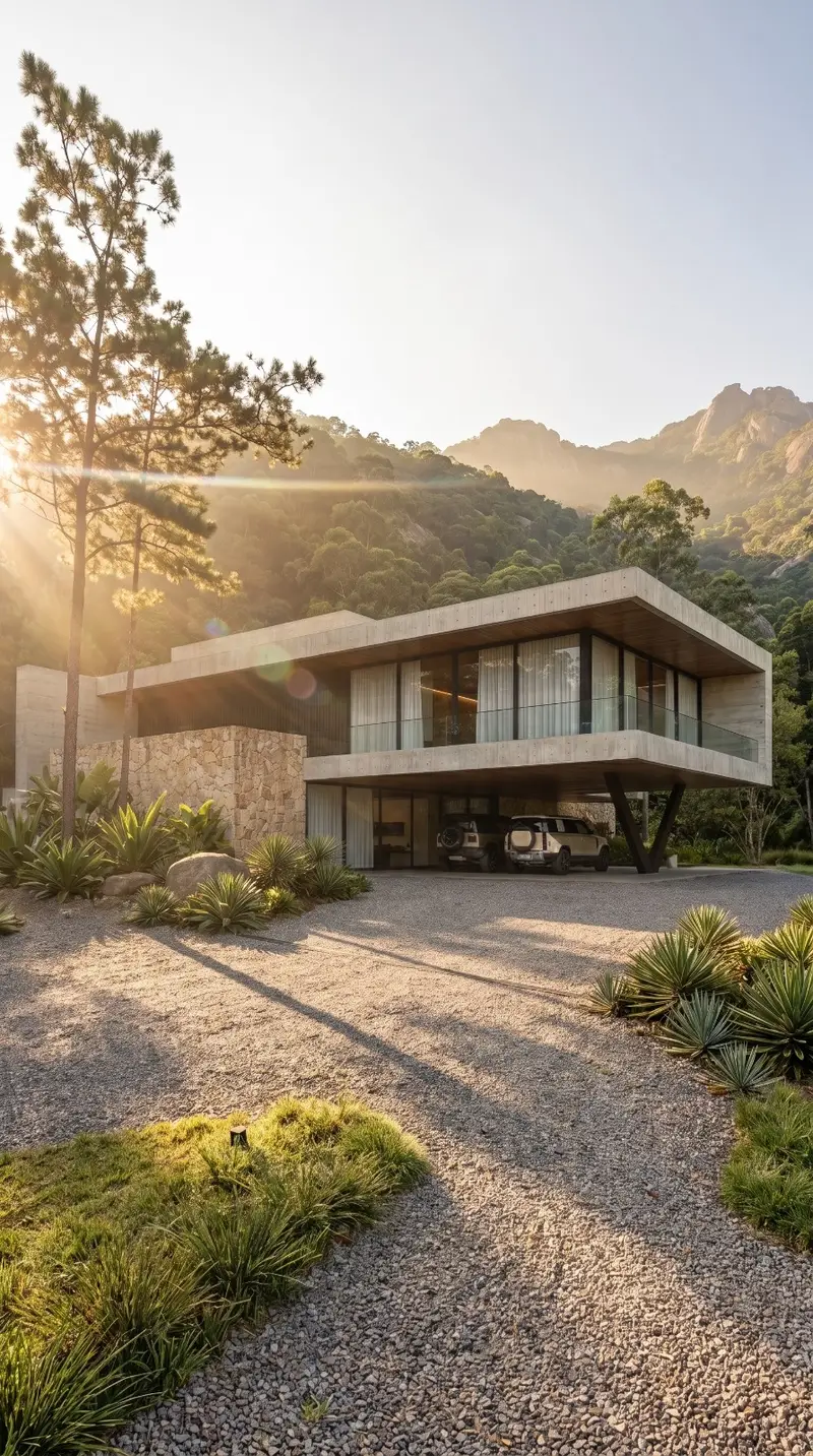 Fachada de casa de concreto aparente na serra fotografada na luz dourada, imagem gerada a partir de render 3D