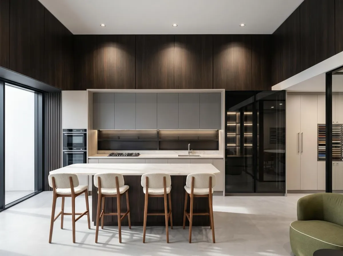 Cozinha integrada com ilha em mármore claro e marcenaria escura, imagem gerada a partir de render 3D