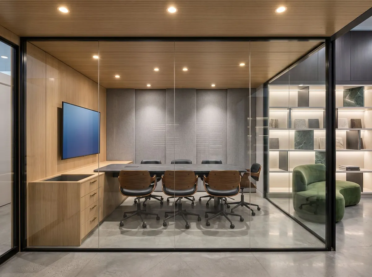 Sala de reunião corporativa com parede de vidro e marcenaria clara, imagem gerada a partir de render 3D