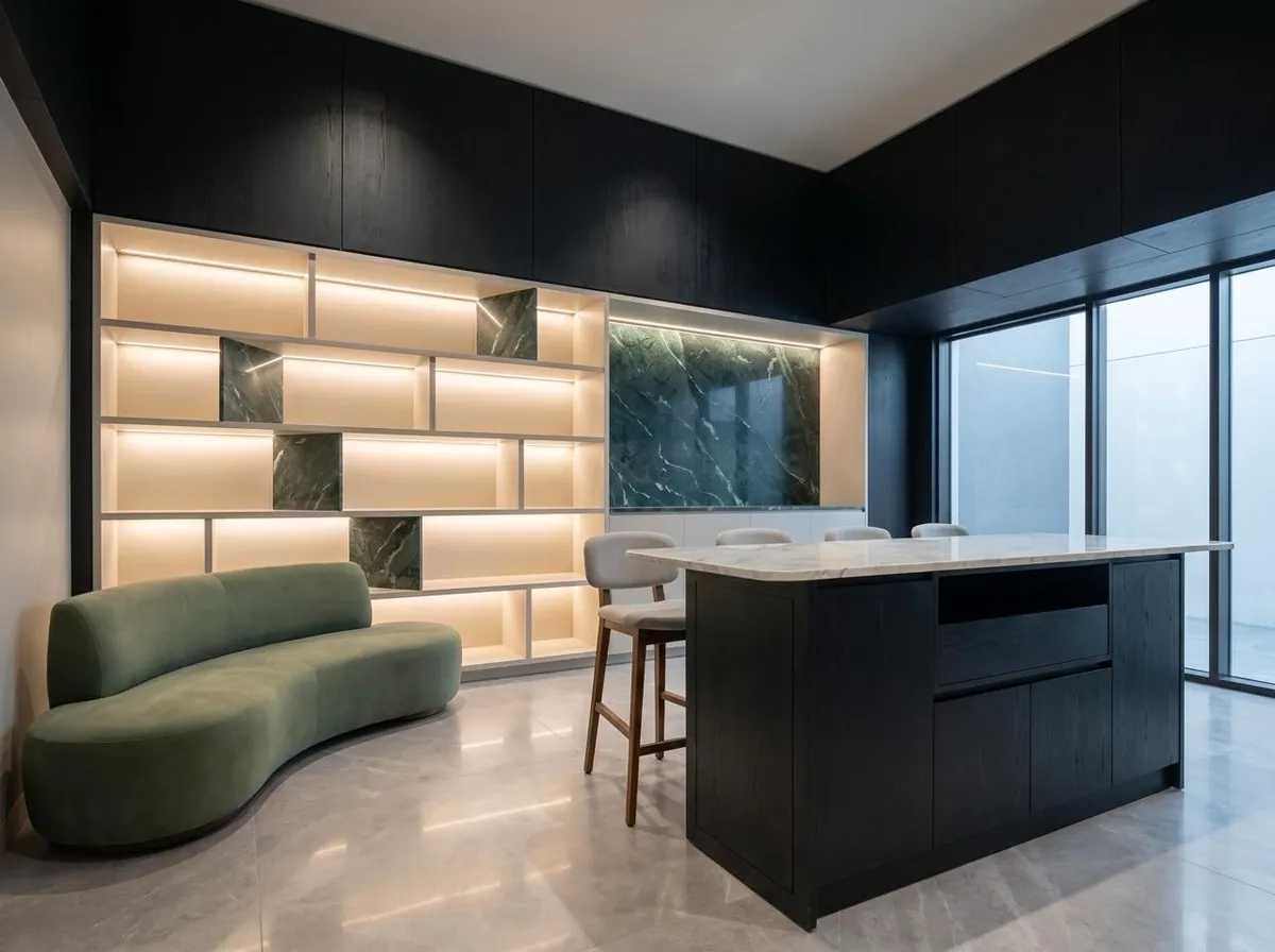 Showroom com estante iluminada, bancada em pedra verde e sofá curvo, imagem gerada a partir de render 3D